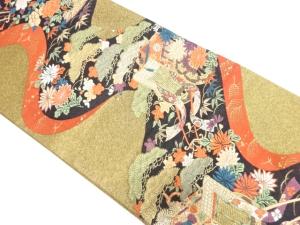 流水に御所車・草花模様織り出し袋帯